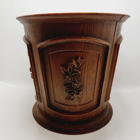 Vtg Max Klein Faux Wood Rose Plastic TrashCan Waste Basket Planter Pot Brown MCM - Picture 2 of 10